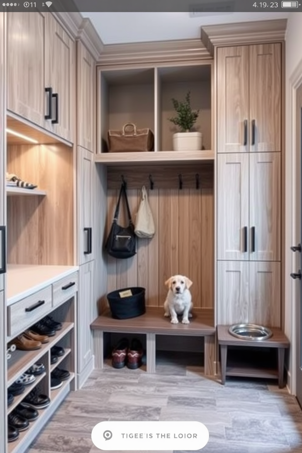 A modern mudroom features durable materials designed to withstand high traffic. The space includes a spacious bench made of reclaimed wood, paired with built-in cubbies for storage and organization. The flooring is a stylish yet practical tile that mimics the look of natural stone, providing easy maintenance. Walls are painted in a warm neutral tone, accented with hooks for coats and bags, creating a welcoming entryway.