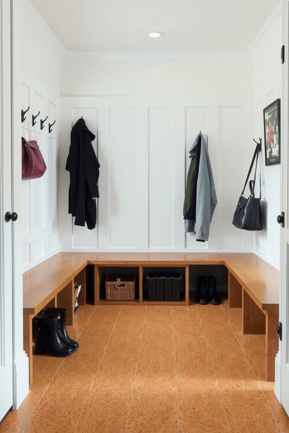 Natural wood accents create a welcoming atmosphere in a modern mudroom. The space features sleek storage solutions seamlessly integrated with rustic wooden shelves and hooks for coats and bags.