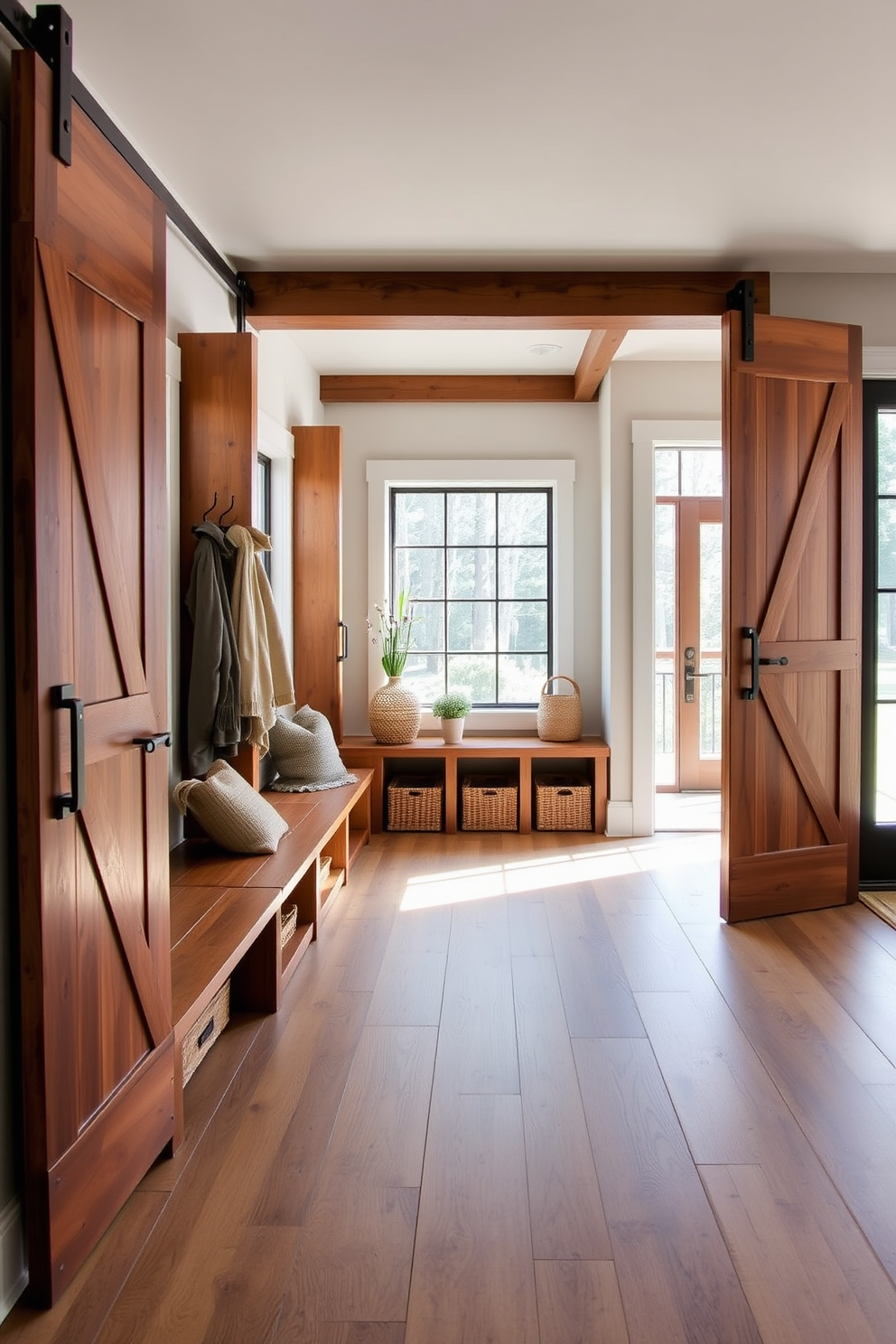 A modern mudroom featuring a sleek bench with built-in storage underneath. The walls are adorned with colorful wall art that reflects the homeowner's personality and style.