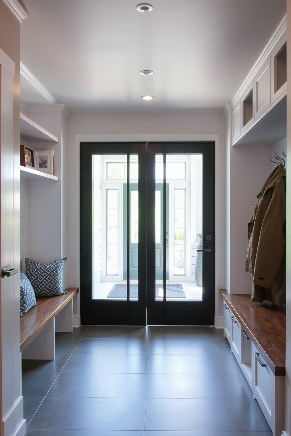 A modern mudroom features a large chalkboard wall where family messages and reminders can be easily written and updated. The space includes built-in storage benches with hooks above for coats and bags, creating an organized and welcoming entryway.