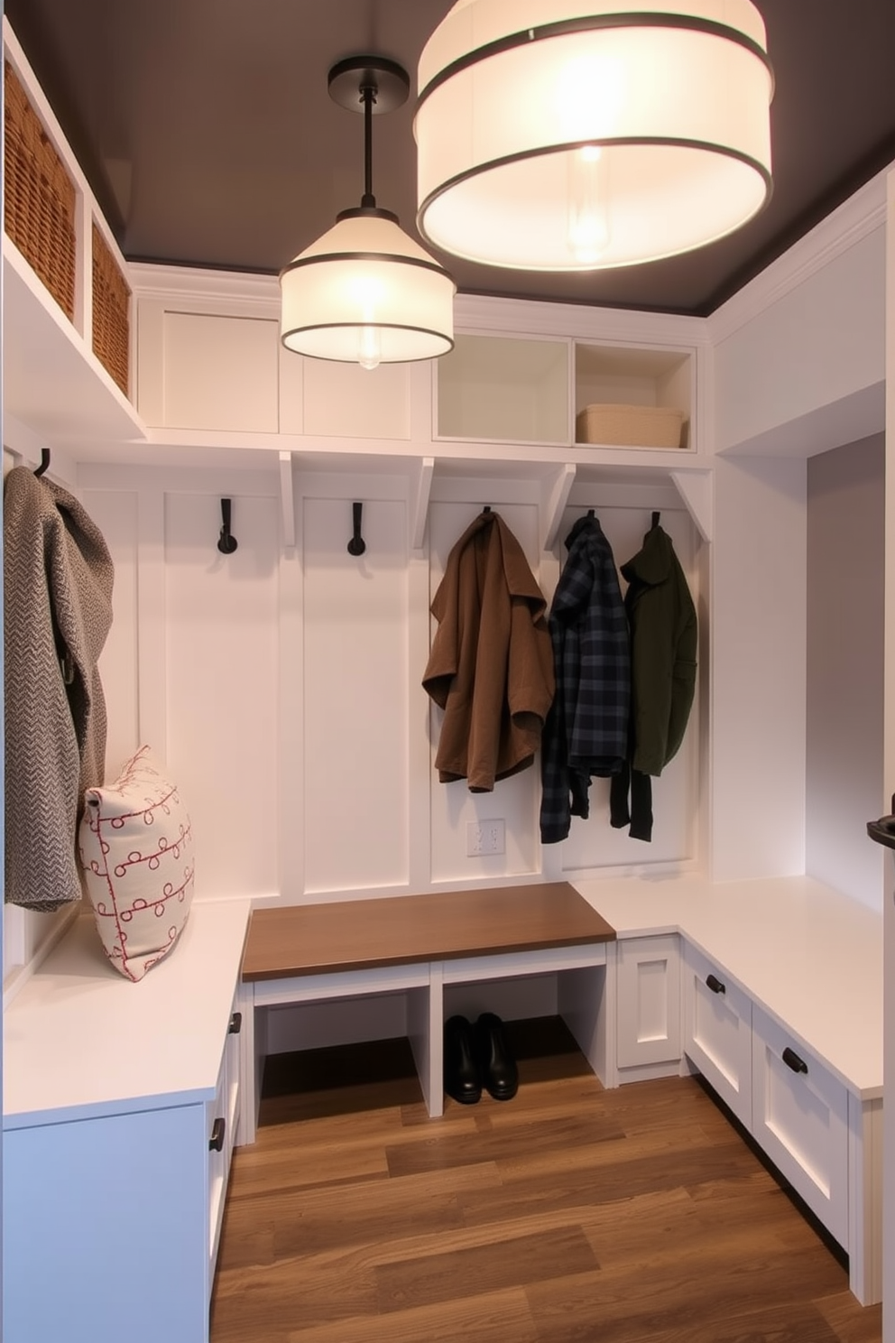 Bright pendant lights hang gracefully from the ceiling, casting a warm glow over the space. The walls are adorned with shiplap, and the floor features a durable tile that complements the overall aesthetic. The mudroom is designed with built-in benches and hooks for convenience and organization. A pop of color is added through decorative baskets and a vibrant rug, creating an inviting atmosphere.