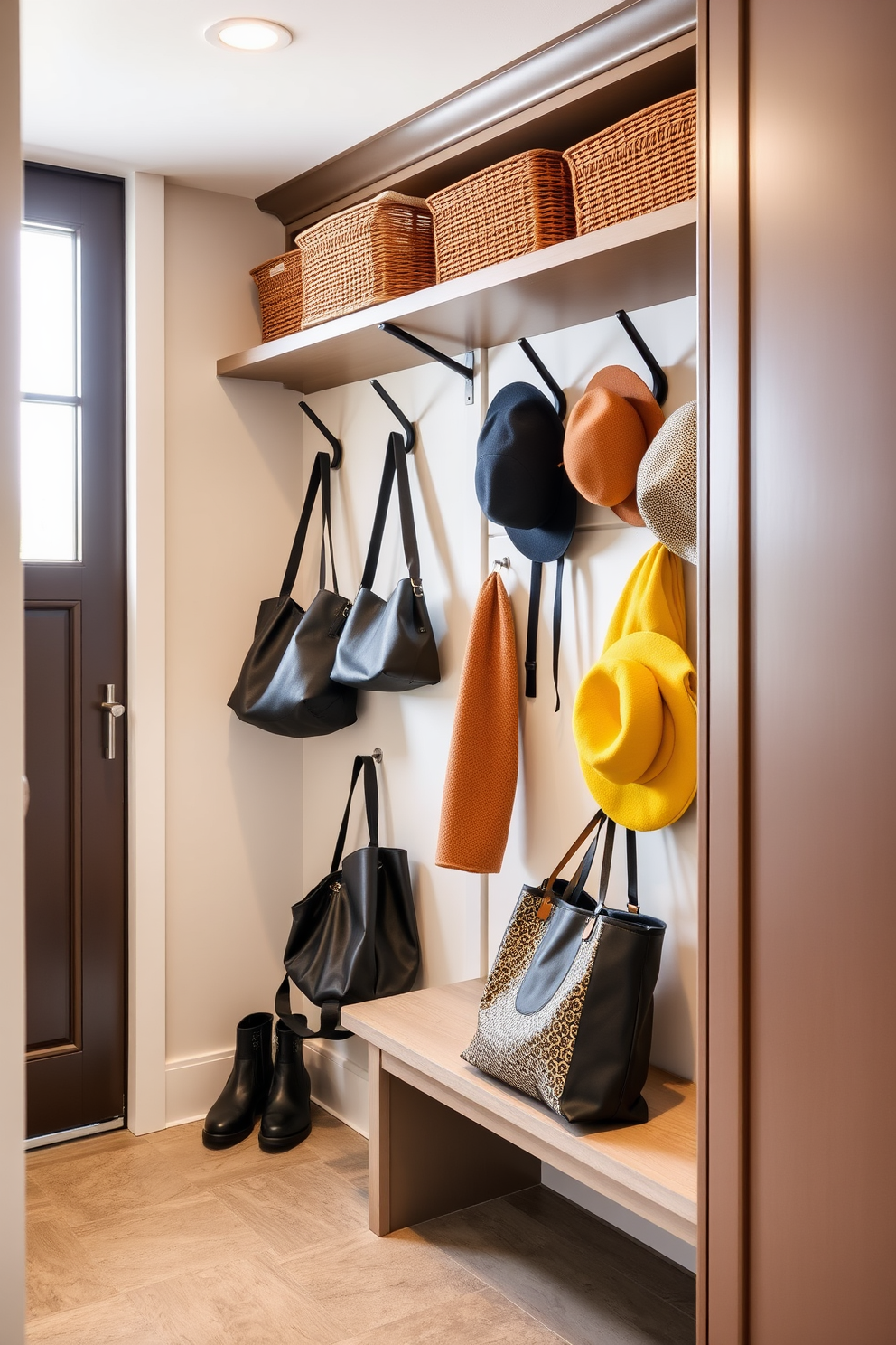 A modern mudroom features multi-functional furniture that enhances versatility and organization. A stylish bench with built-in storage sits against the wall, complemented by hooks for coats and bags above it. The flooring is durable and easy to clean, while a vibrant area rug adds a pop of color. Natural light floods the space through a large window, creating an inviting atmosphere for both functionality and style.