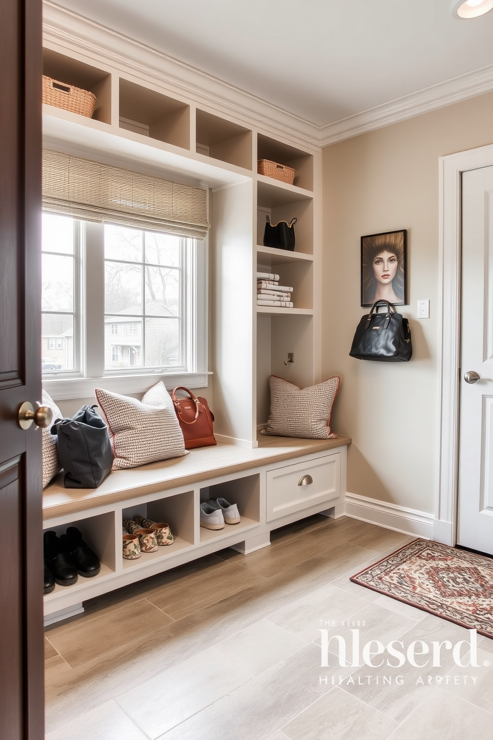 A serene mudroom featuring a neutral color palette that promotes a calming atmosphere. The space includes built-in storage benches with soft cushions and hooks for coats, all designed in light wood tones. Natural light floods the room through a large window, illuminating the soft beige walls and taupe floor tiles. Decorative elements like potted plants and woven baskets add warmth and functionality to the design.