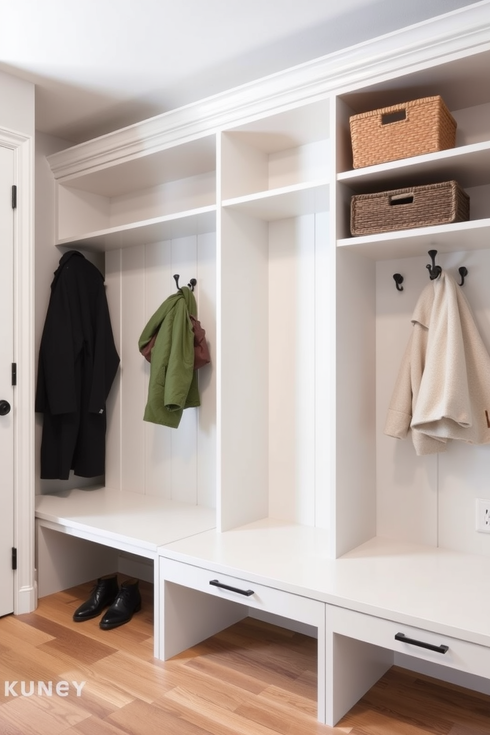 A modern mudroom features large mirrors that create an illusion of spaciousness while adding a touch of elegance. The design includes built-in storage benches and hooks for coats, with a sleek tile floor for easy maintenance.