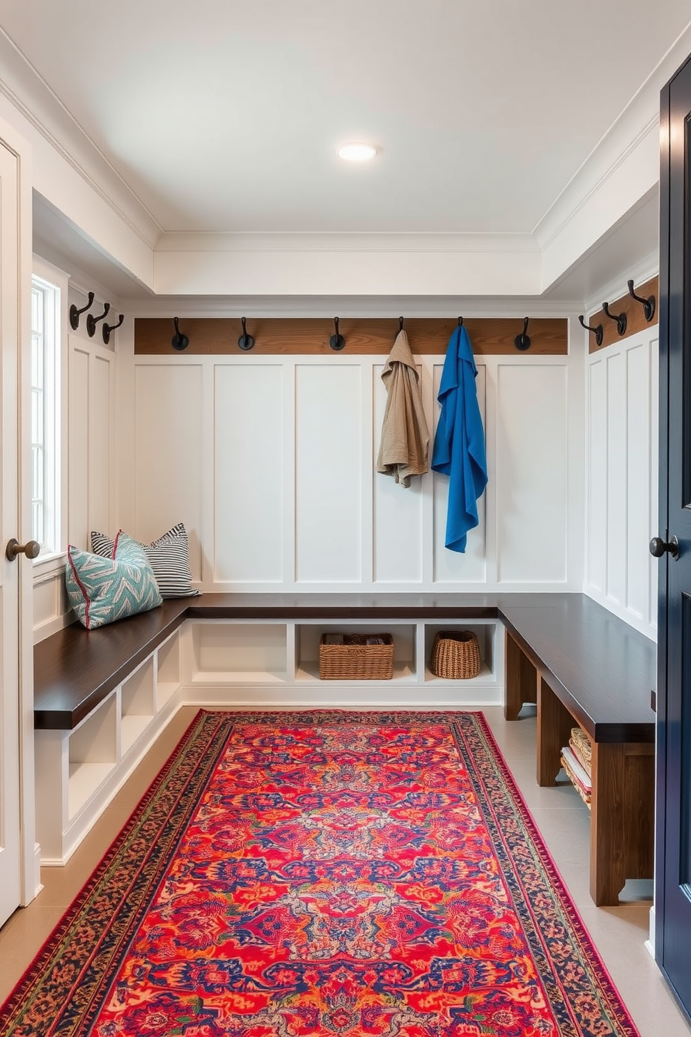 A modern mudroom featuring functional shoe cubbies beneath a stylish bench. The cubbies are crafted from natural wood and designed to accommodate various shoe sizes, while the bench is upholstered in a durable fabric for comfort.