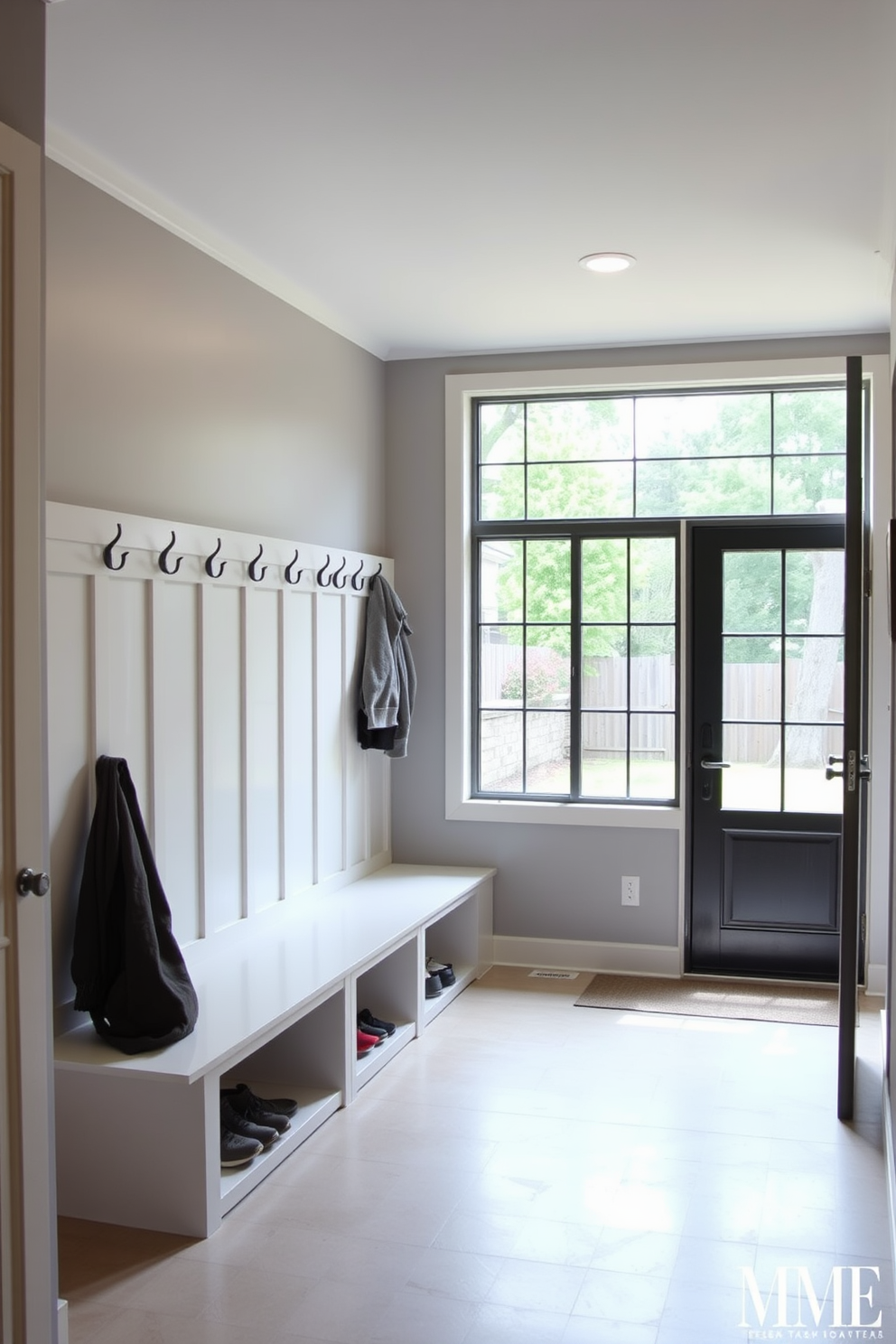 A modern mudroom featuring an integrated pet area designed for convenience. The space includes a built-in bench with storage underneath, and a designated area for pet supplies, seamlessly blending functionality with style.