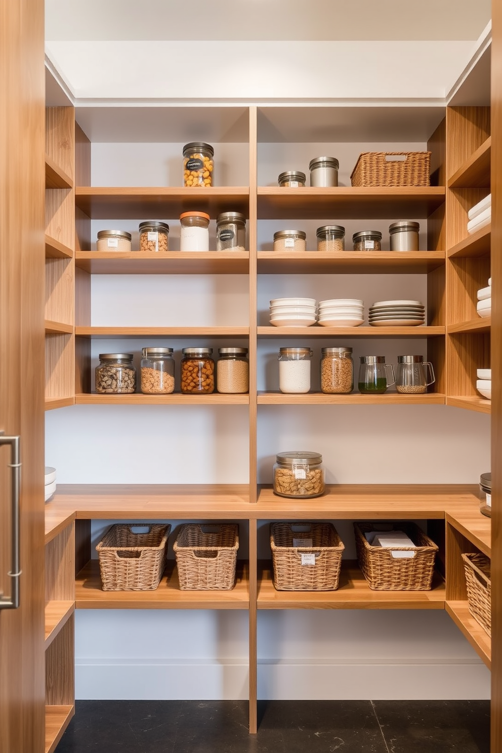 A modern pantry featuring open shelving that allows for easy access to ingredients and kitchen essentials. The shelves are made of sleek wood, arranged in a symmetrical pattern, showcasing neatly organized jars and baskets for a clean and functional look.