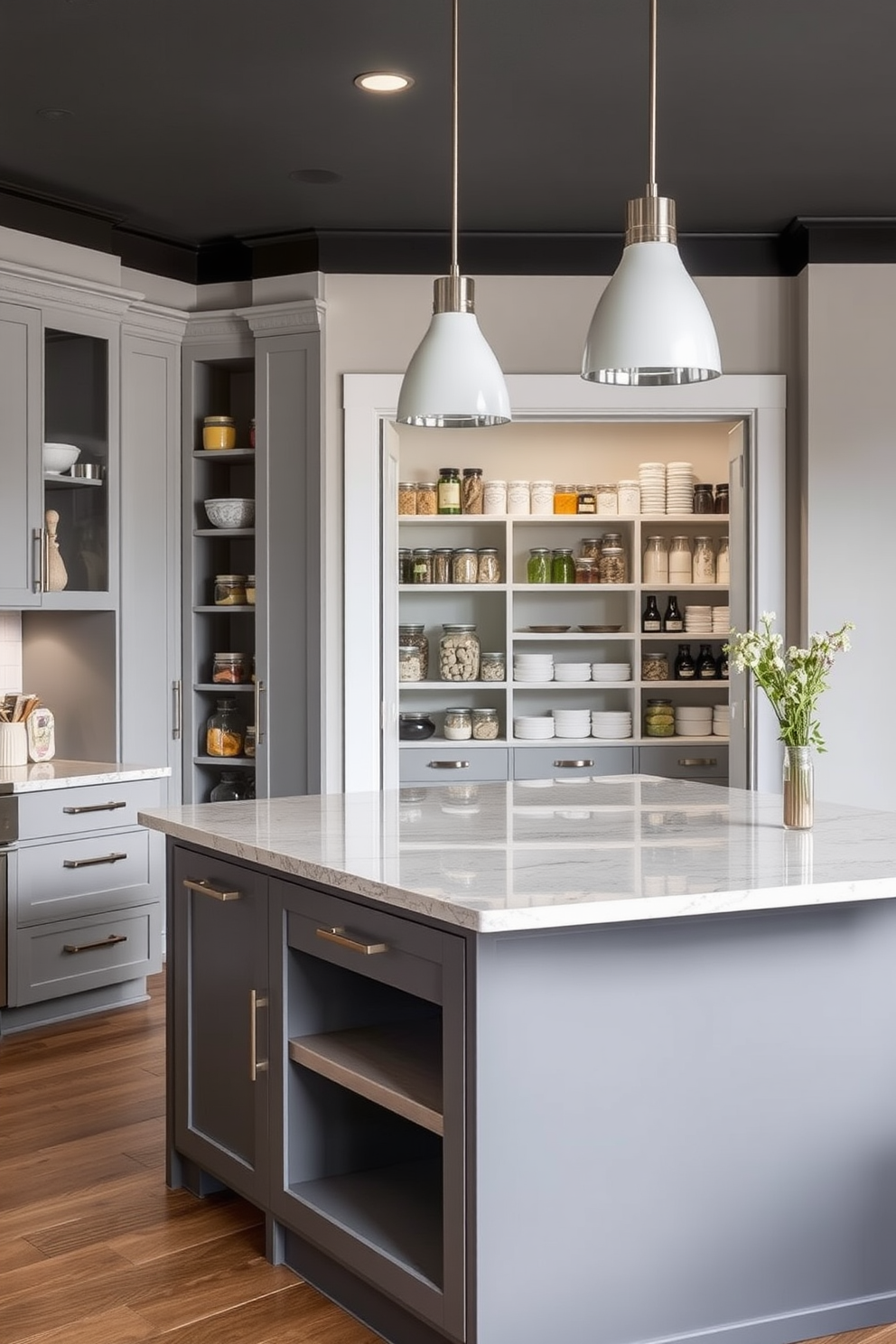 A multi-functional island features ample pantry storage with sleek cabinetry and open shelving. The island is topped with a polished quartz surface, providing both workspace and a casual dining area. In the background, a modern pantry showcases organized shelves filled with jars and containers, all in a cohesive color palette. The space is illuminated by pendant lights that enhance the contemporary aesthetic while offering practicality.