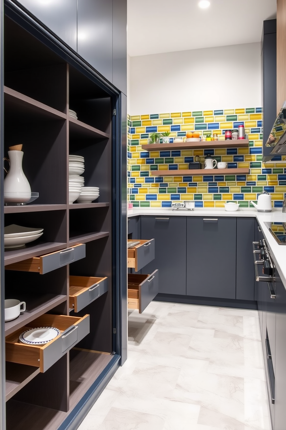 A vibrant kitchen featuring colorful backsplashes that add a lively touch to the space. The walls are adorned with an array of tiles in shades of blue, yellow, and green, creating a cheerful atmosphere. A sleek modern pantry design that maximizes storage and functionality. It includes open shelving, pull-out drawers, and a minimalist aesthetic with a neutral color palette.