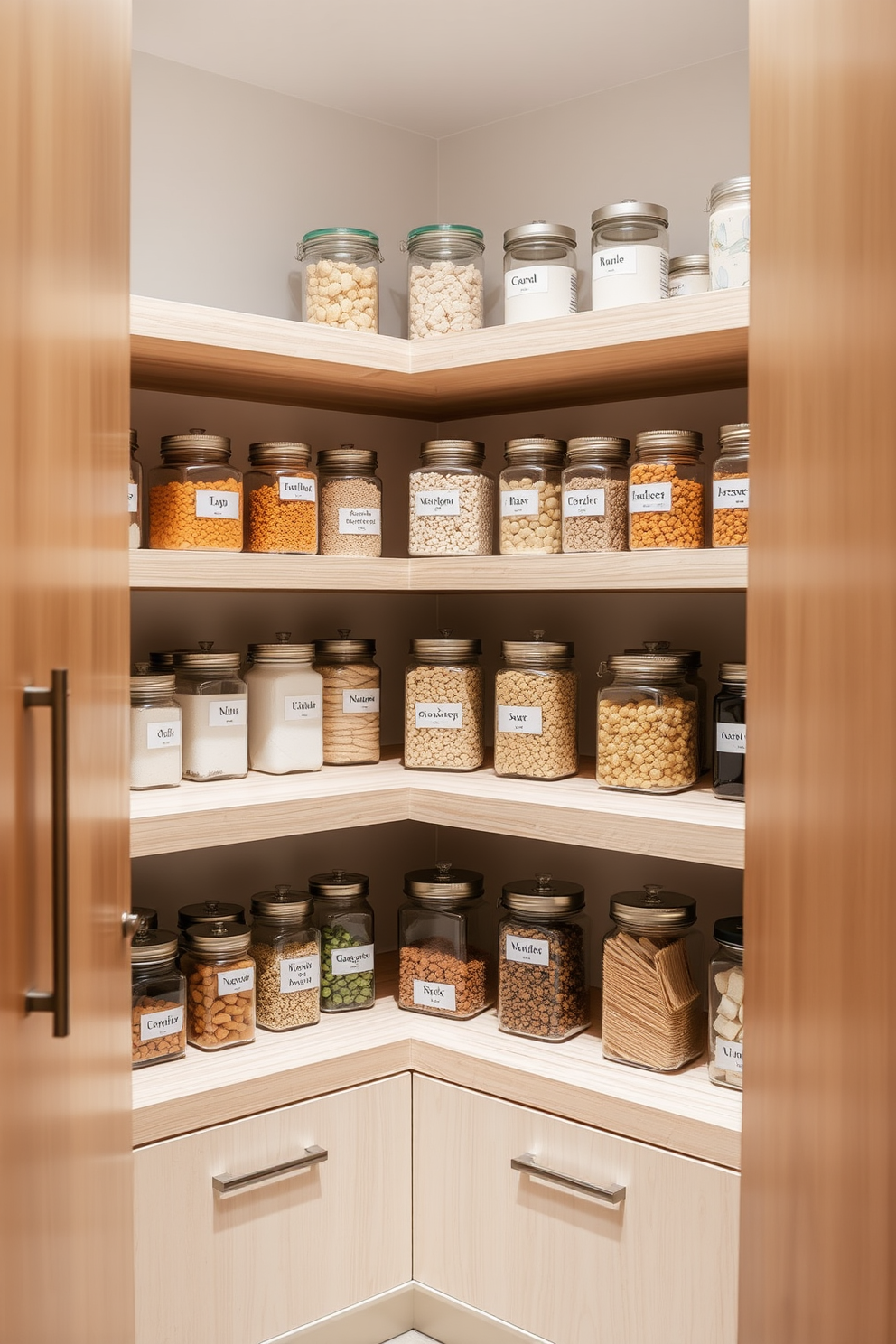 A modern pantry design featuring corner shelves to maximize storage. The shelves are crafted from light wood, neatly organized with labeled jars and containers for easy access.