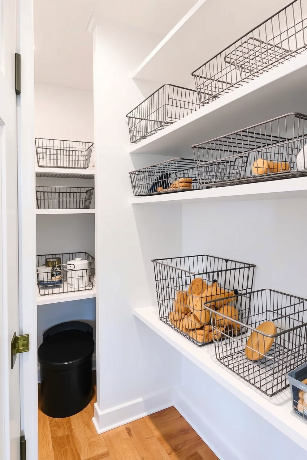 A modern pantry design featuring sleek wire baskets arranged on open shelving. The walls are painted in a soft white tone, with natural wood accents that add warmth to the space.