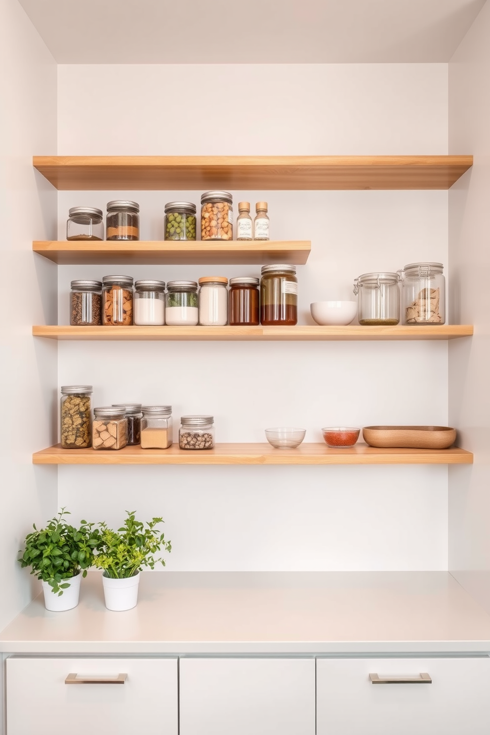 A modern pantry design features floating shelves that create an airy and open atmosphere. The shelves are made of light wood and are adorned with neatly organized jars and decorative items. The walls are painted in a soft white to enhance the sense of space. A sleek countertop below the shelves is perfect for meal prep and displays fresh herbs in stylish pots.