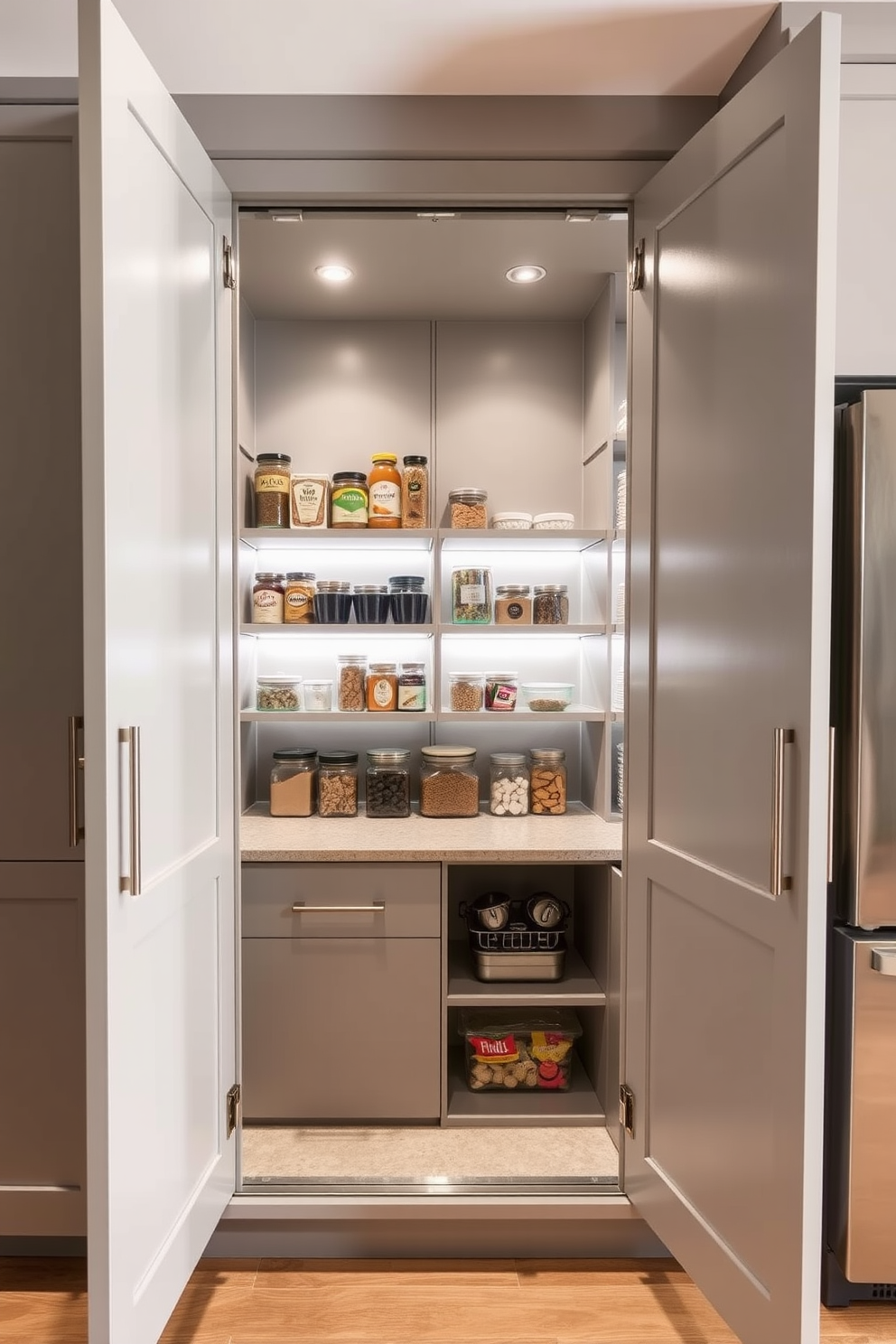 A modern pantry featuring sleek cabinetry with integrated pull-out shelves for easy access. The design incorporates a mix of open and closed storage, showcasing decorative jars and baskets for a stylish yet functional look. The walls are painted in a light neutral color to enhance brightness, while the flooring consists of durable, easy-to-clean tiles. Accent lighting under the shelves highlights the organized space, creating an inviting atmosphere for meal prep and storage.