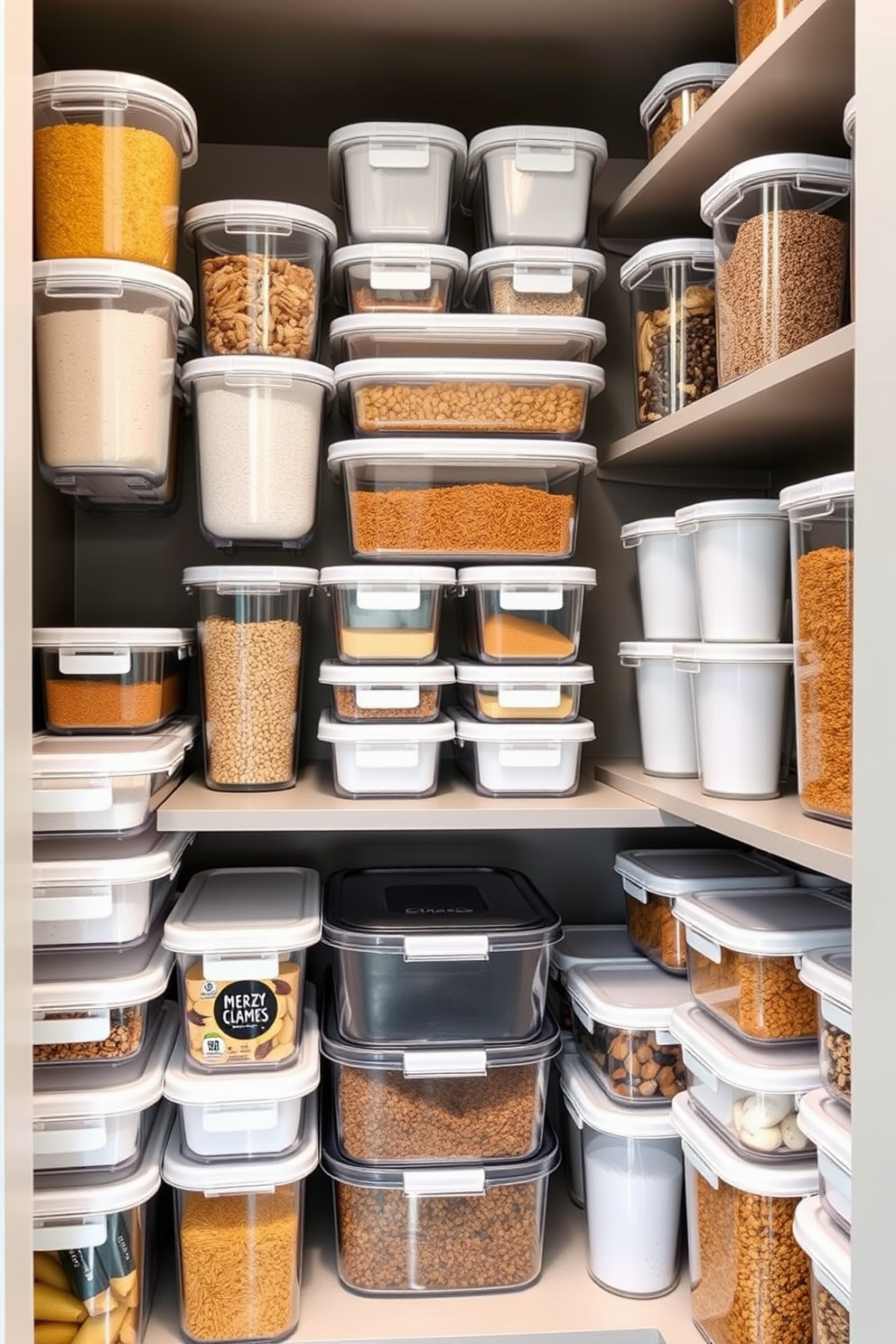 A modern pantry design featuring stackable containers for optimal space efficiency. The containers are clear and neatly organized on shelves, allowing for easy visibility and access to ingredients.