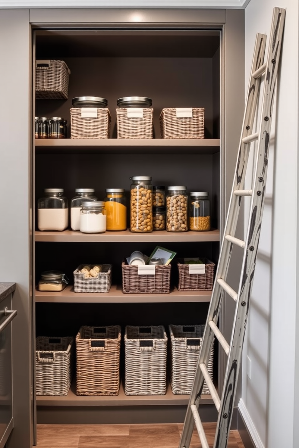 Open concept pantry with dining area featuring sleek cabinetry in a soft gray finish. The dining area includes a rustic wooden table surrounded by comfortable upholstered chairs, creating a warm and inviting atmosphere.