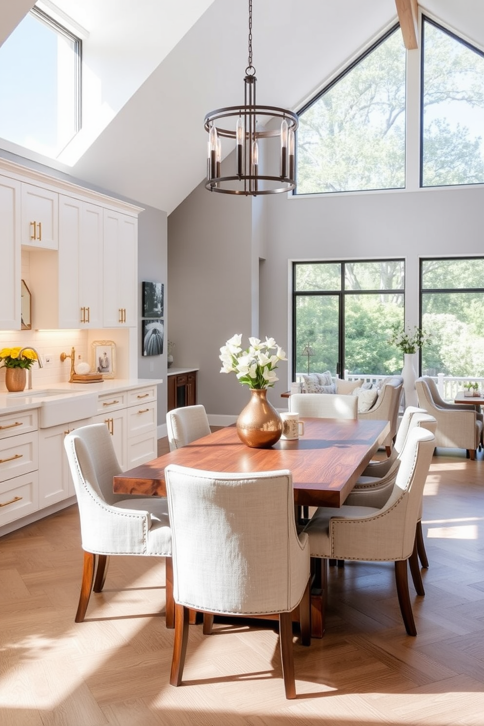 Open concept pantry featuring a spacious dining area. The pantry has sleek cabinetry in a soft white finish with gold hardware and an island with bar seating. Large windows allow natural light to flood the space, creating an inviting atmosphere. The dining area showcases a rustic wooden table surrounded by comfortable upholstered chairs.