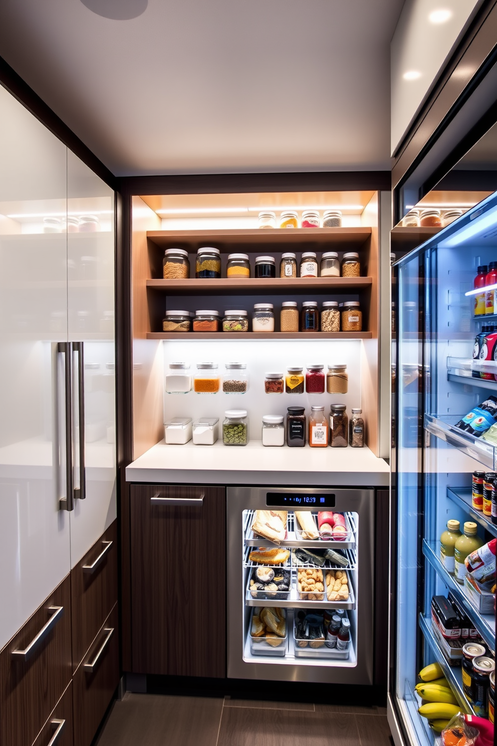 A modern pantry featuring smart technology for inventory management. The design includes sleek cabinetry with touch-activated doors and a digital display for tracking inventory levels. Open shelving displays neatly organized jars and containers, while under-cabinet lighting highlights the space. A smart refrigerator syncs with an app to provide updates on grocery needs and expiration dates.