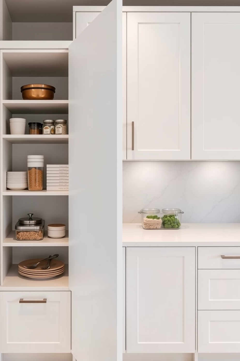 Minimalist cabinetry with sleek finishes creates an elegant and functional pantry space. The cabinetry is finished in a soft white hue, featuring handleless doors for a seamless look. The pantry includes open shelving to display curated kitchenware and storage containers. A subtle backsplash in a light gray tone adds texture while keeping the overall design clean and sophisticated.