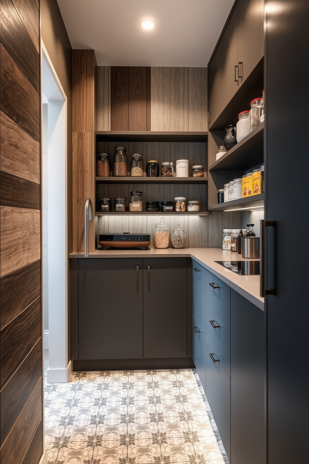 A modern pantry design featuring textured finishes that create visual interest. The walls are adorned with a mix of wood paneling and painted surfaces, while open shelving displays an array of jars and decorative containers. The floor is laid with patterned tiles that complement the cabinetry, which is finished in a sleek matte color. Soft LED lighting highlights the textures and adds warmth to the space, making it both functional and inviting.