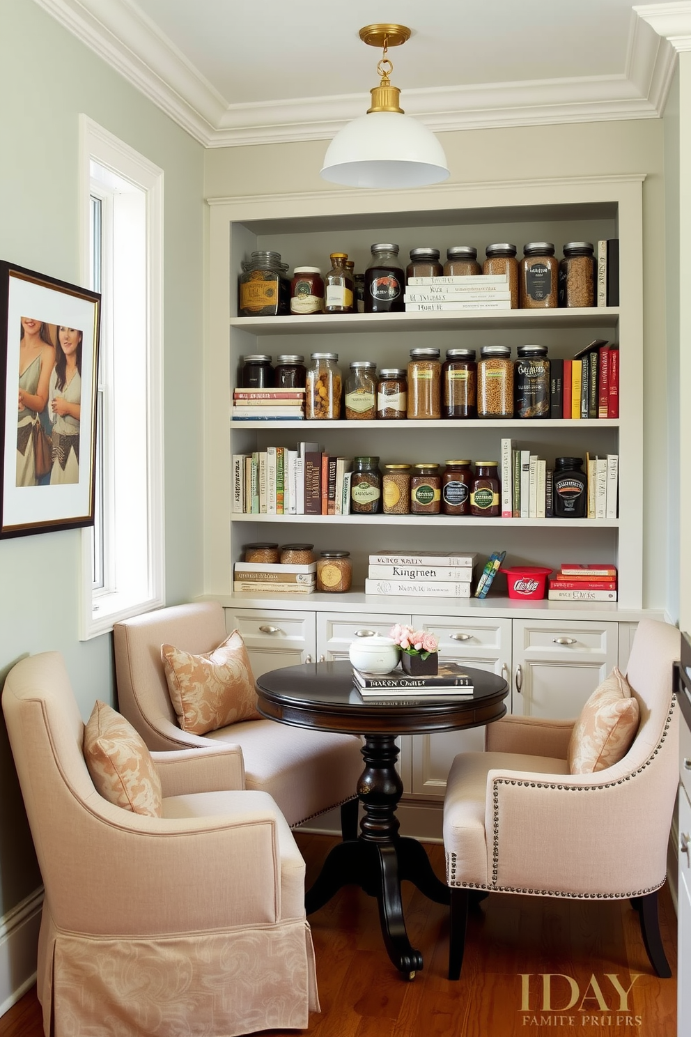 A charming pantry nook with a cozy seating area. The space features built-in shelves filled with neatly organized jars and cookbooks, complemented by a small round table surrounded by plush upholstered chairs.