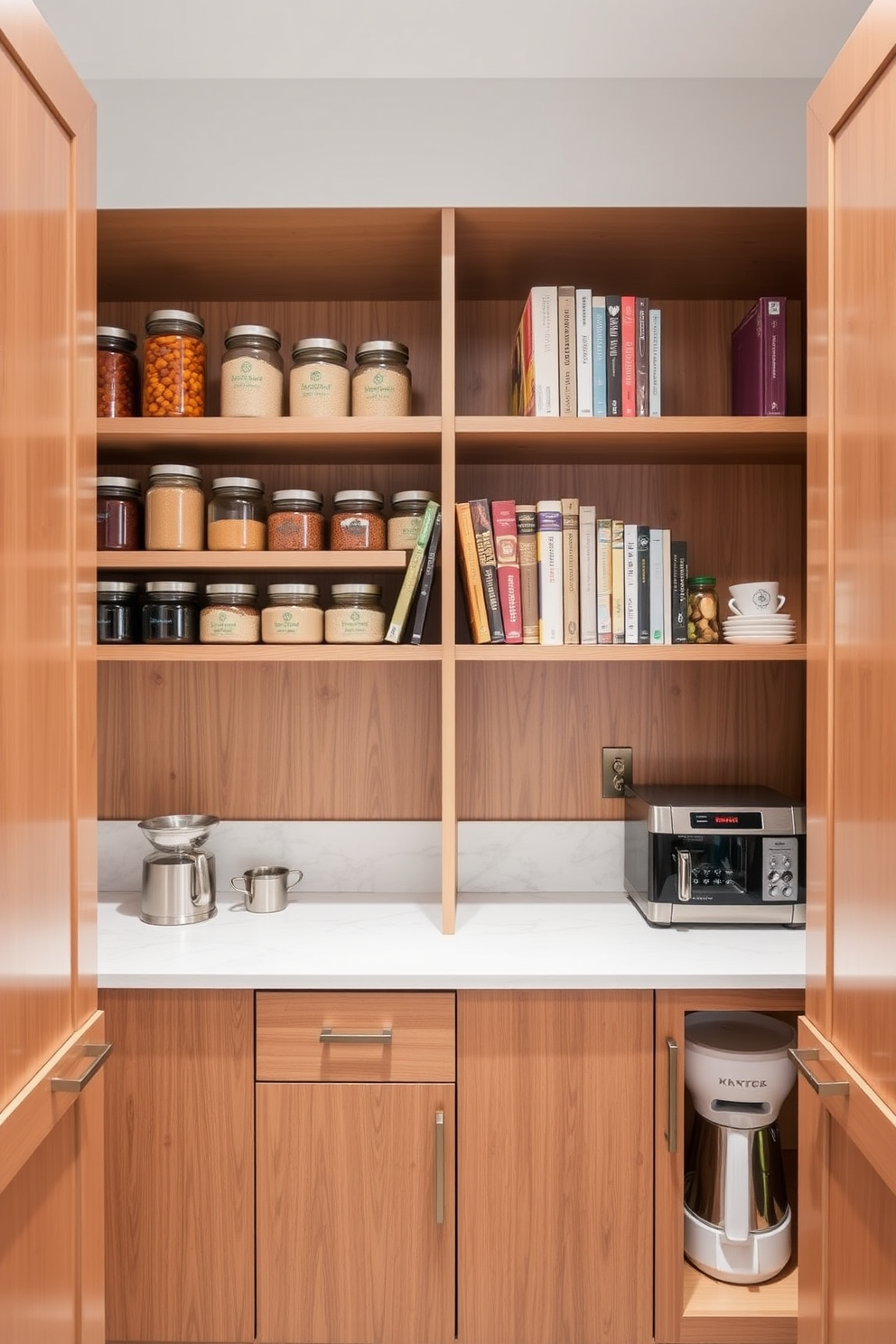 A modern pantry featuring a sleek coffee station setup. The cabinetry is a blend of dark wood and white finishes, creating a clean and inviting atmosphere. On the countertop, there is a high-end espresso machine alongside an assortment of coffee beans in stylish containers. Open shelving displays elegant mugs and a decorative plant, adding a touch of greenery to the space.