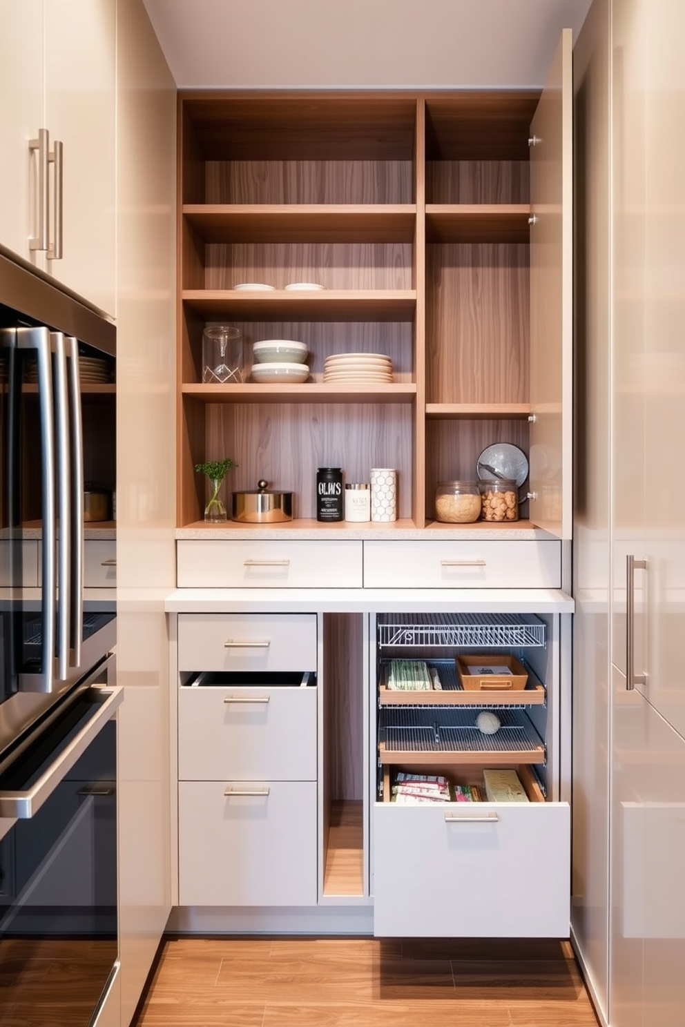 A modern pantry design featuring sleek cabinetry with a combination of open shelves and closed storage. The space is illuminated by pendant lights, and a large mirror on one wall enhances the sense of depth and brightness. The pantry includes a central island with bar stools, perfect for casual dining or meal prep. Decorative jars and plants are strategically placed on the shelves to add a touch of personality and warmth.