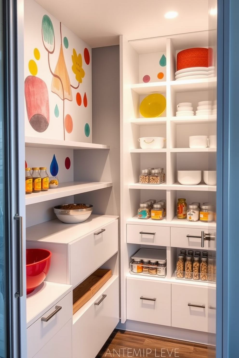 A modern pantry filled with bright colors creates an inviting and cheerful atmosphere. The shelves are stocked with colorful containers and jars, showcasing a variety of grains, snacks, and spices. The walls are painted in a vibrant yellow, complemented by bold blue accents on the cabinetry. A stylish island in the center features a bright red countertop, perfect for meal prep and casual dining.