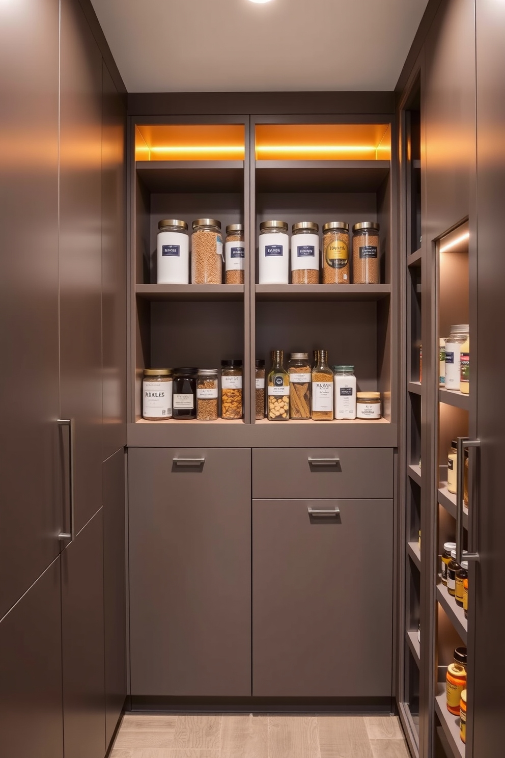 A modern pantry design featuring sleek cabinetry with integrated spice racks for easy access and organization. The space is illuminated by warm lighting, highlighting the minimalist shelves filled with neatly arranged jars and containers.