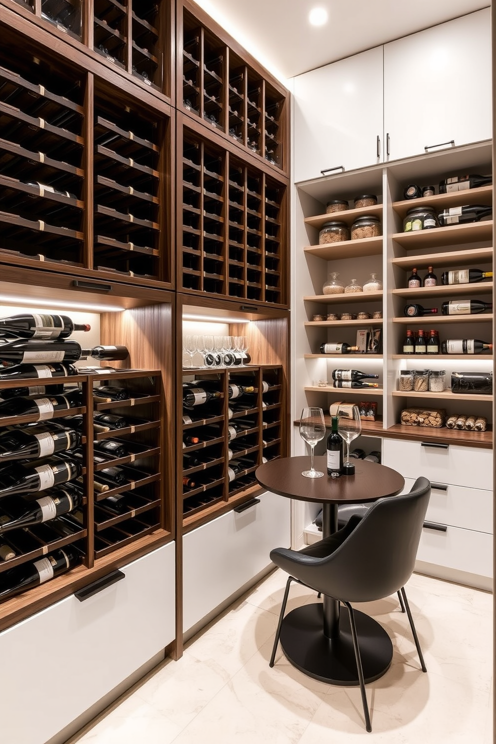 A modern pantry design featuring integrated wine storage seamlessly blends functionality and style. The wine racks are crafted from dark wood, positioned next to sleek white cabinetry that offers ample storage space for dry goods. The pantry includes a small tasting area with a minimalist table and two contemporary chairs. Soft LED lighting illuminates the space, highlighting the textures of the wine bottles and the organized shelves.