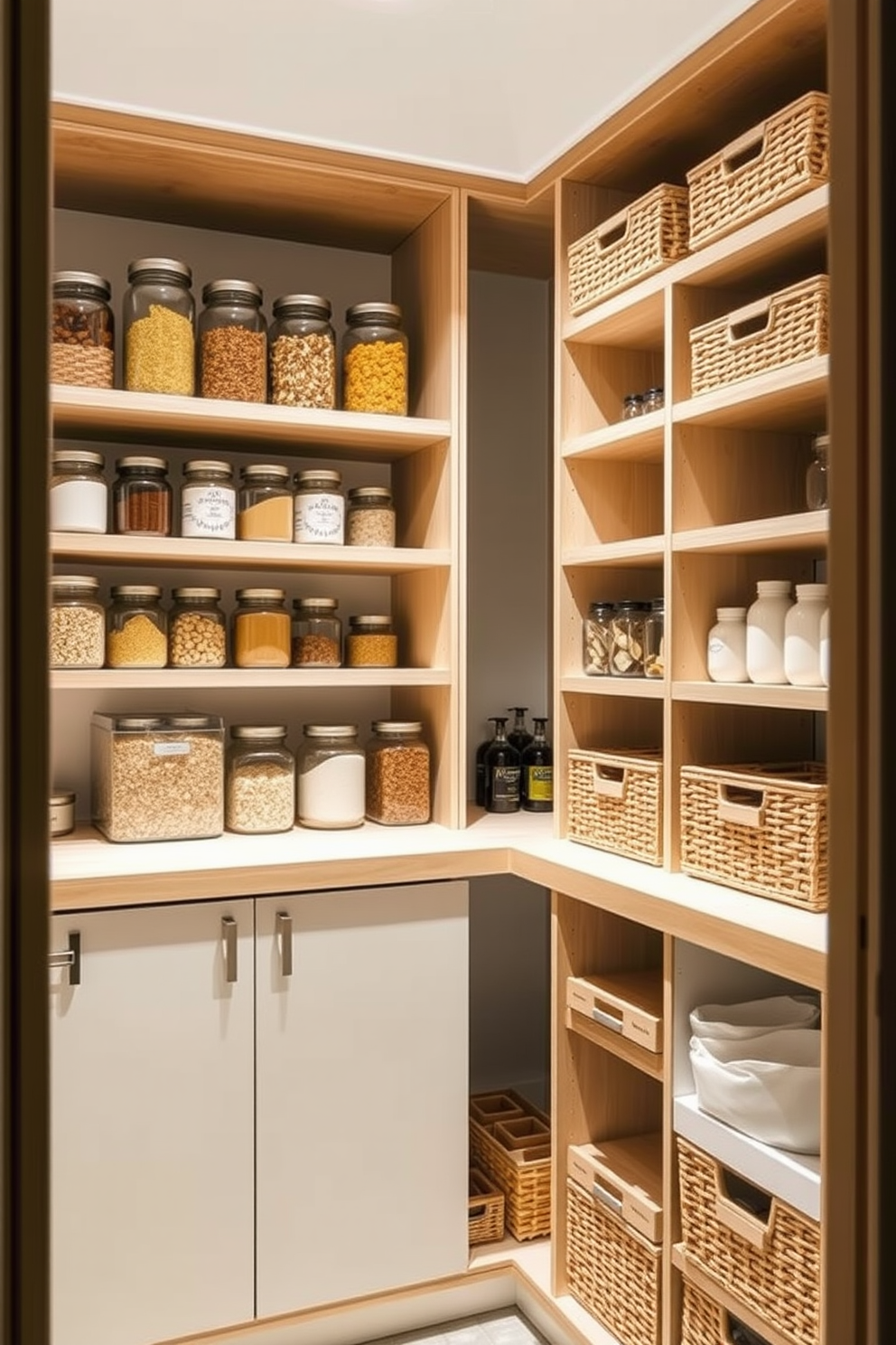 A rustic pantry featuring sliding barn doors made of reclaimed wood. The interior is organized with open shelving displaying jars of ingredients and a wooden countertop for meal prep. The space is illuminated by warm pendant lighting hanging from the ceiling. A vintage ladder leans against the shelves, adding charm and functionality to the design.