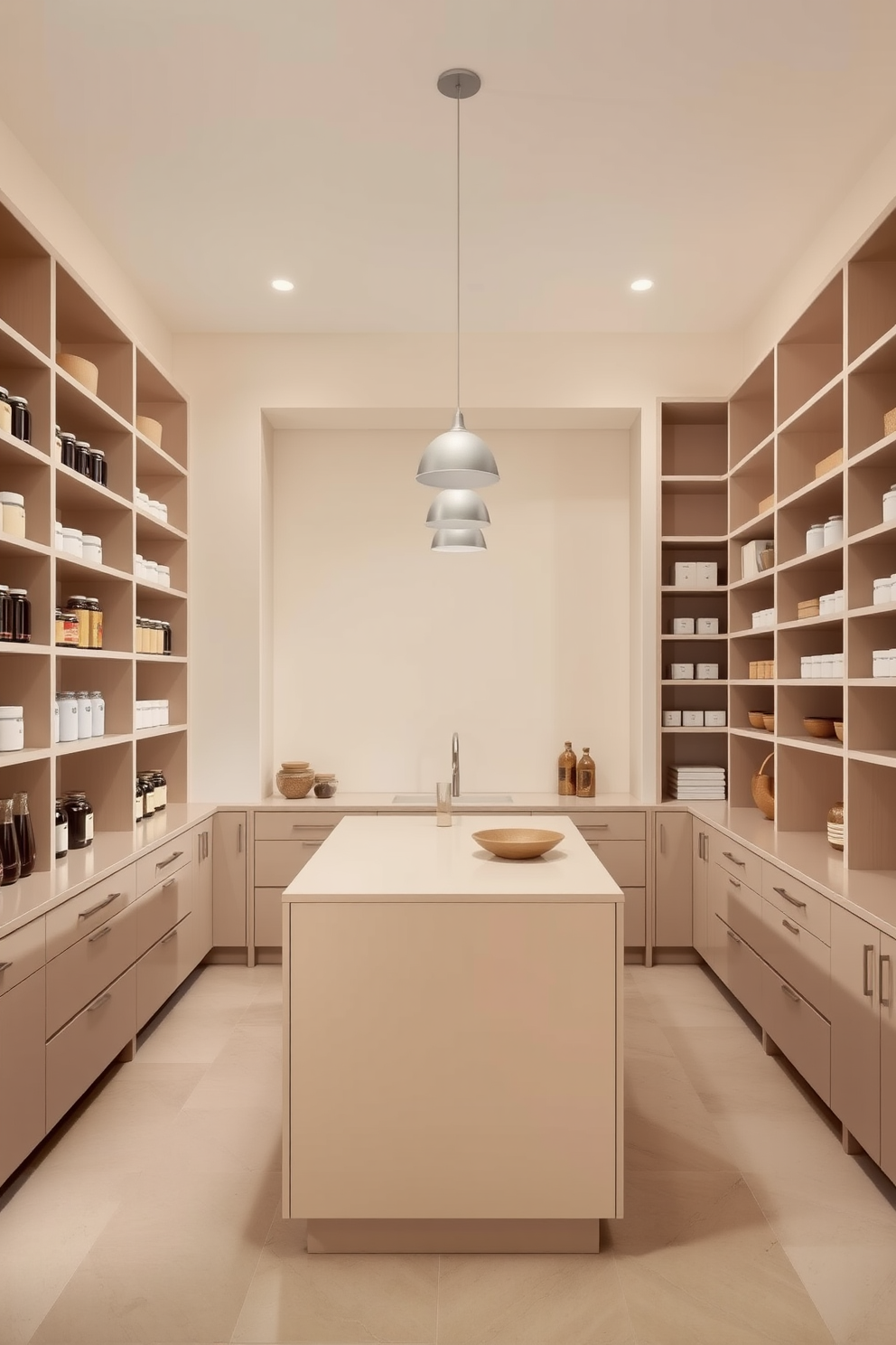 A modern pantry with a neutral color palette creates a calming atmosphere. The walls are painted in soft beige, with open shelving displaying neatly organized jars and containers in muted tones. The cabinetry features sleek lines and a matte finish, enhancing the minimalist look. A large island in the center provides additional storage and a functional workspace, complemented by understated pendant lighting above.