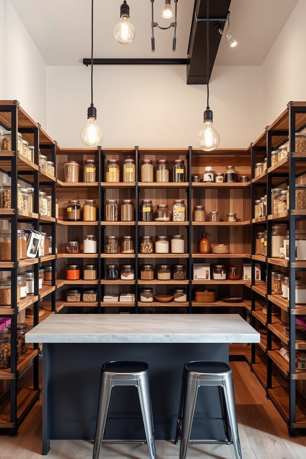 A modern pantry design that maximizes vertical space. Shelving units extend from floor to ceiling, filled with neatly organized jars and containers.