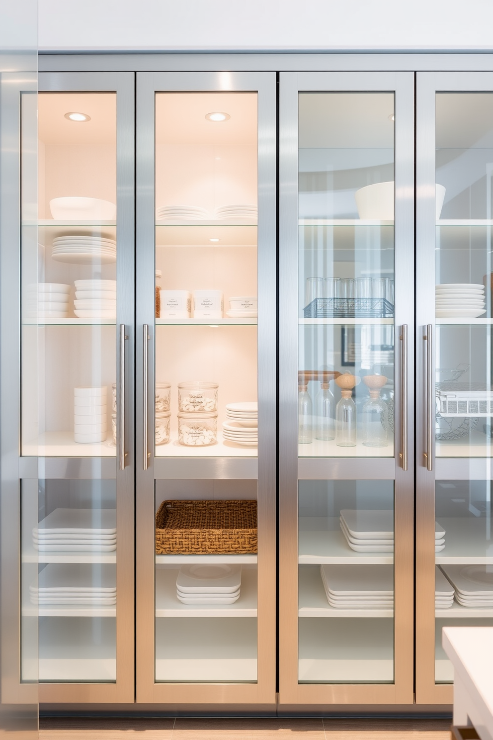 A modern pantry featuring sleek glass door cabinets that showcase neatly organized shelves. The cabinets are framed in brushed stainless steel, complementing the minimalist aesthetic of the space.