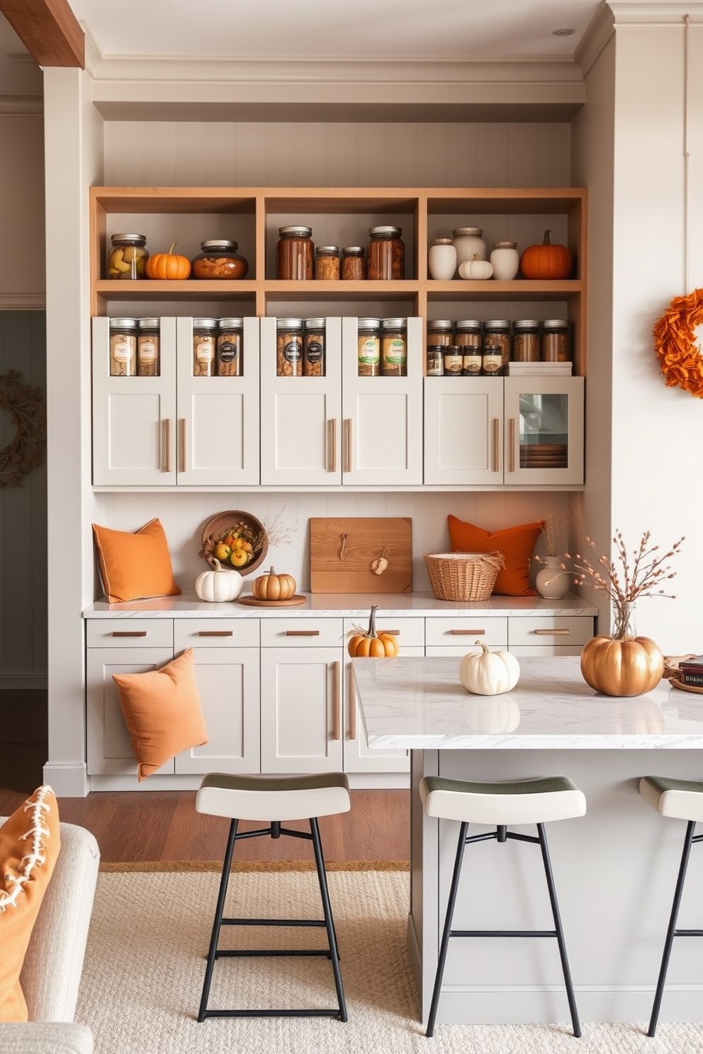 Seasonal decor for a personalized touch. The space features a cozy living room adorned with autumn-themed accents such as pumpkin centerpieces and warm-toned throw pillows. Modern pantry design ideas. The pantry showcases sleek cabinetry with minimalist hardware, open shelving displaying neatly organized jars, and a stylish island with bar stools for casual dining.