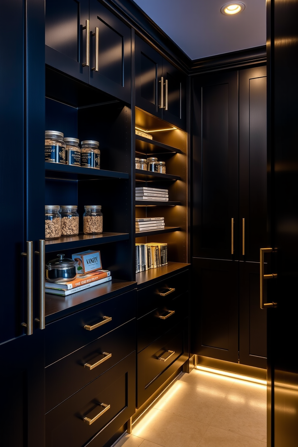 A bold black pantry features sleek cabinetry with contrasting brass handles and open shelving. The space is illuminated by warm LED lighting that highlights decorative jars and cookbooks, creating an inviting atmosphere.