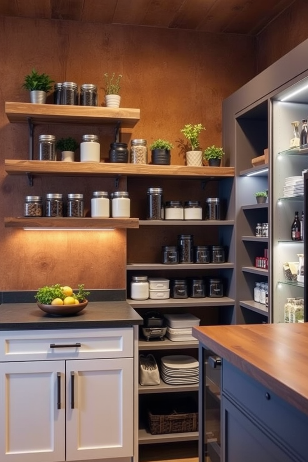 Rustic wooden shelves create a cozy atmosphere, adorned with various jars and potted herbs. The shelves are set against a backdrop of warm, textured walls, inviting a sense of comfort and homeliness. Modern pantry design ideas feature sleek cabinetry with clean lines and integrated lighting. Open shelving displays neatly arranged containers, while a central island provides additional workspace and storage.