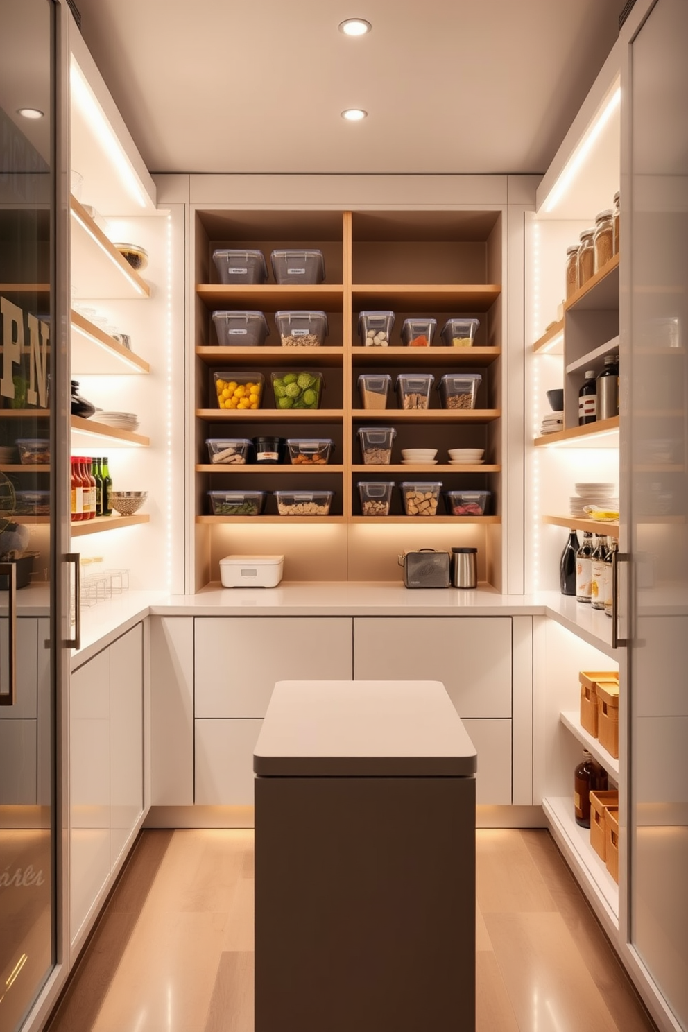 A modern pantry with integrated lighting that enhances visibility and creates a bright and inviting atmosphere. The shelves are neatly organized with clear storage containers, and warm LED lights illuminate the space, highlighting the fresh ingredients and kitchenware. The design features a combination of open shelving and closed cabinets to balance aesthetics and functionality. A sleek countertop provides additional workspace, while a small, stylish island in the center offers convenience and accessibility.