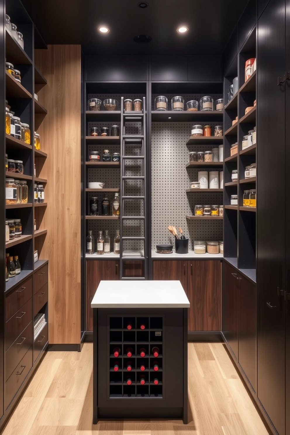 A sleek and functional pantry design featuring vertical storage solutions to maximize space. The walls are lined with open shelving, displaying neatly organized jars and containers, while a pull-out ladder provides access to higher shelves. Incorporate a combination of cabinetry and pegboards for versatile storage options. A small island in the center offers additional workspace and houses a built-in wine rack for easy access.