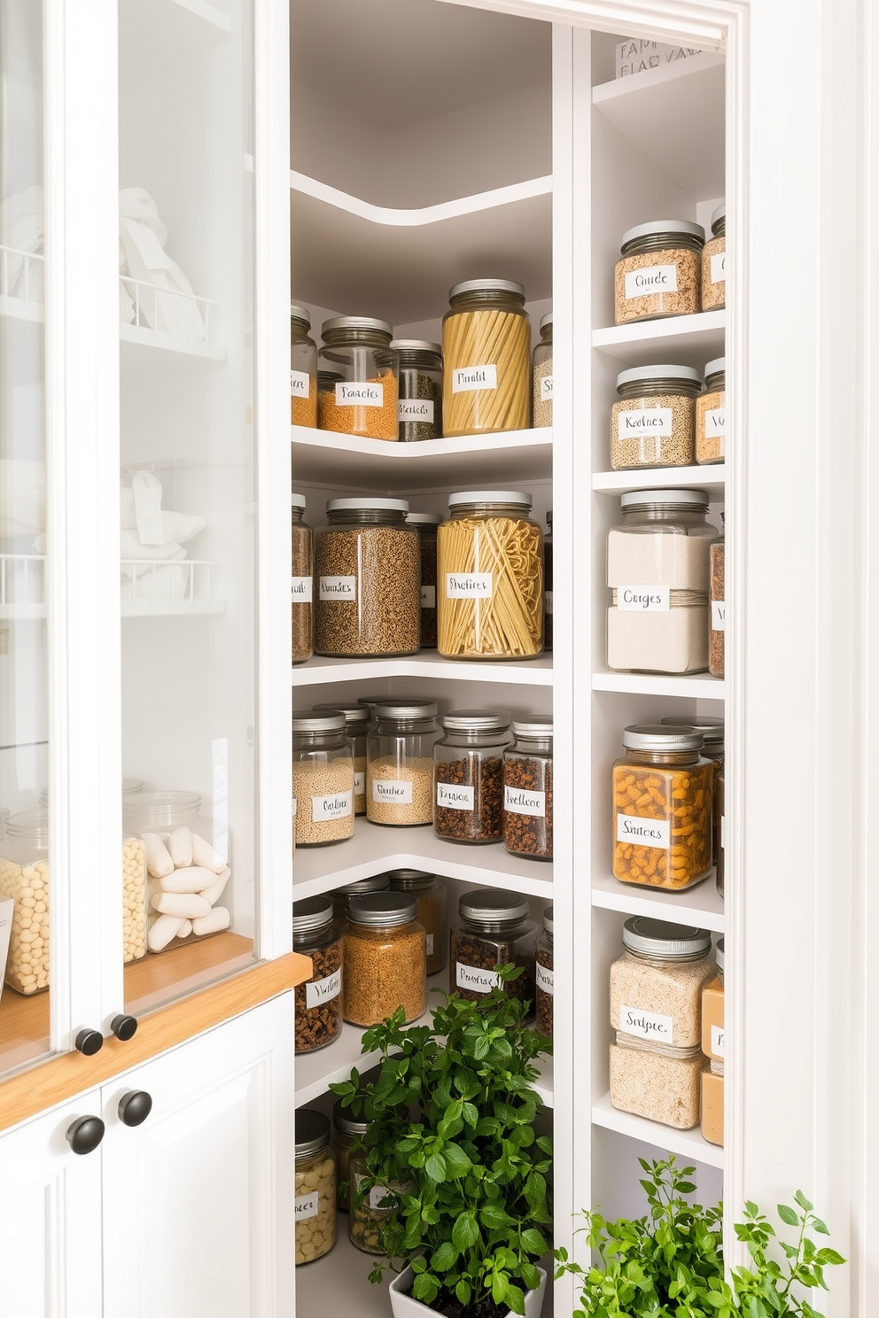 A modern pantry featuring labeled jars for organized pantry items. The shelves are lined with clear glass jars filled with pasta, grains, and spices, each with a stylish label for easy identification. The walls are painted in a soft white hue, creating a bright and airy feel. A wooden countertop provides additional workspace, while a small herb garden sits in the corner for fresh ingredients.