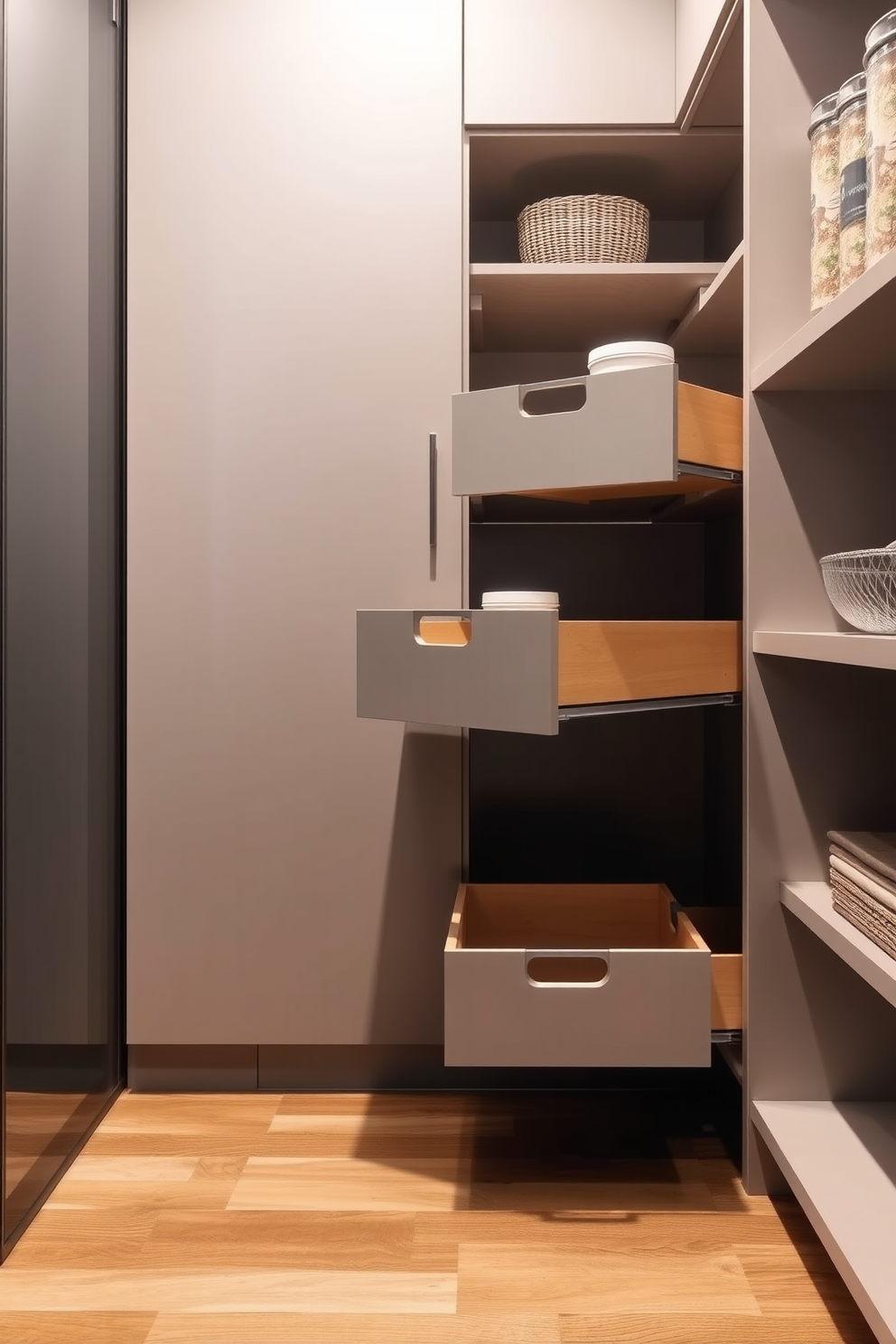 An L-shaped pantry layout designed for efficiency features ample shelving and storage solutions that maximize space. The walls are painted in a soft white, and sleek cabinetry complements the modern aesthetic while providing easy access to kitchen essentials. Natural light floods the area through a small window, illuminating the organized shelves stocked with jars and containers. A stylish countertop extends along one side, offering a convenient workspace for meal prep and planning.