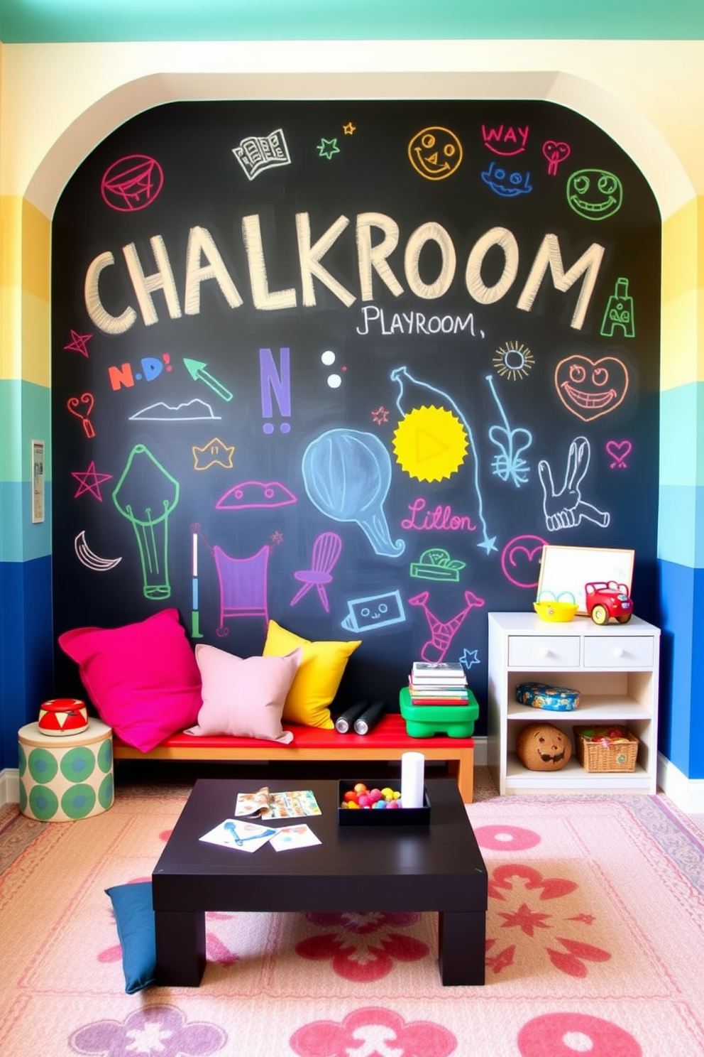 Bright colors create a vibrant and playful atmosphere in the modern playroom. The walls are painted in cheerful hues of yellow and blue, complemented by a soft, multicolored rug in the center of the room. Colorful shelving units are filled with toys and books, encouraging creativity and exploration. A cozy reading nook with oversized cushions invites children to relax and enjoy their favorite stories.