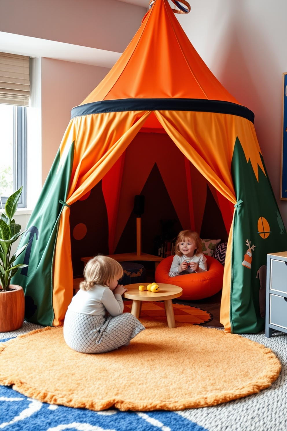 A themed tent for adventurous playtime. The tent is designed with bright colors and playful patterns, creating an inviting space for children to explore their imagination. Modern playroom design ideas feature sleek furniture with multifunctional elements. Soft area rugs and vibrant wall art enhance the playful atmosphere while providing a comfortable environment for creativity.