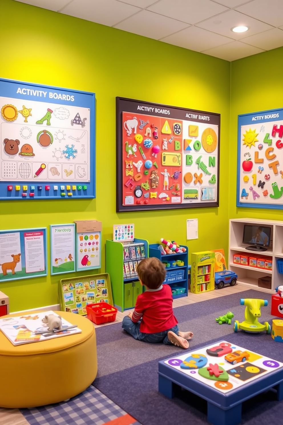 A vibrant playroom filled with colorful rugs that define distinct play areas. The walls are painted in soft pastels, and playful wall art adds a cheerful touch to the space.