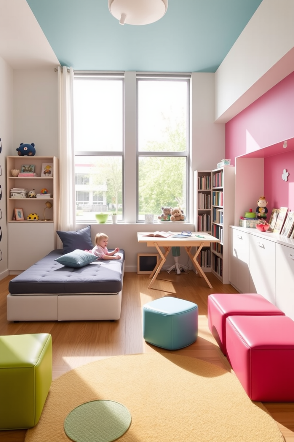 A modern playroom featuring multi-functional furniture that adapts to various activities. The space includes a convertible sofa that transforms into a bed, a foldable table for arts and crafts, and storage ottomans that serve as seating and organizers. Brightly colored walls create an inviting atmosphere, complemented by playful wall decals. Natural light floods the room through large windows, illuminating a cozy reading nook with a bookshelf filled with children's books.