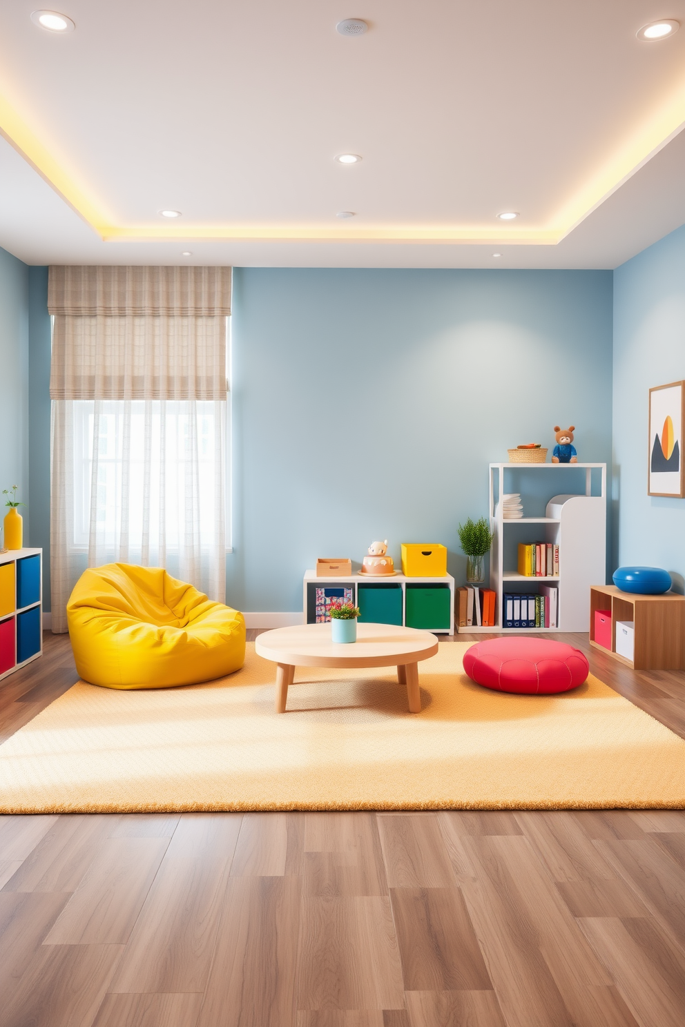 A serene playroom filled with nature-inspired decor. Soft earth tones dominate the walls while large windows allow natural light to flood the space, creating a peaceful atmosphere. The room features a cozy reading nook with a plush rug and oversized cushions. Wall-mounted shelves display plants and nature-themed artwork, enhancing the calming vibes.