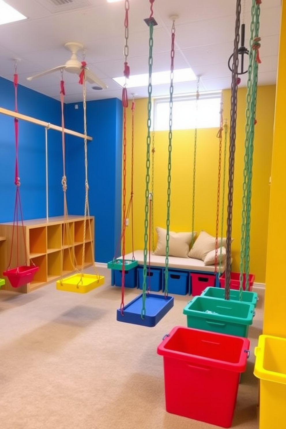 A vibrant playroom filled with colorful hanging swings designed for indoor fun. The walls are painted in cheerful shades of blue and yellow, and the floor is covered with soft, plush carpeting for safety. In one corner, a cozy reading nook with oversized cushions invites children to relax. Brightly colored storage bins are neatly arranged to keep toys organized and easily accessible.