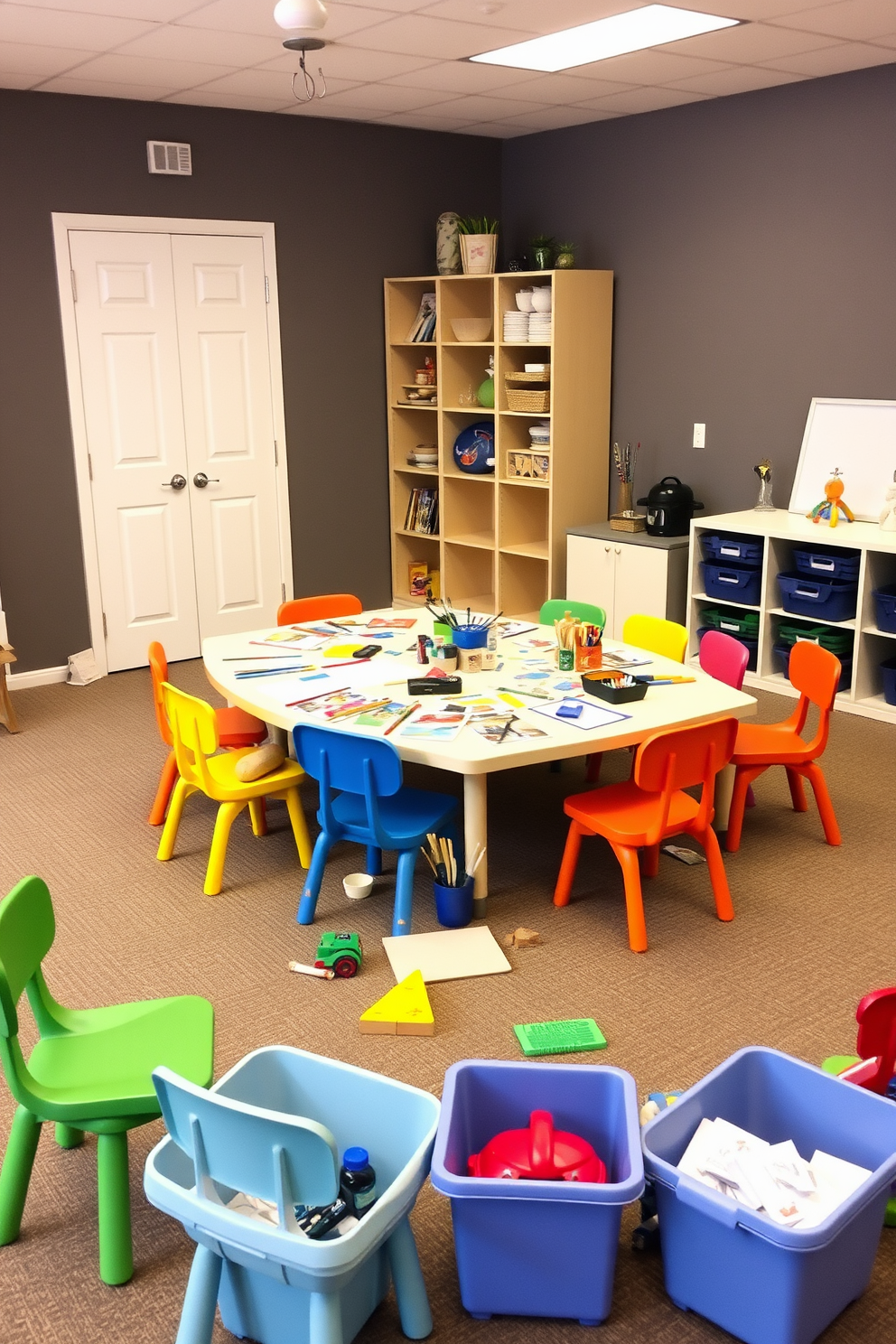 A bright and airy playroom features a large multi-functional table designed for crafts and games. The table is surrounded by colorful chairs and is positioned near a wall adorned with playful artwork and shelves filled with supplies. Soft rugs in vibrant colors cover the floor, providing a comfortable space for children to sit and play. Ample natural light streams in through large windows, creating an inviting atmosphere for creativity and fun.