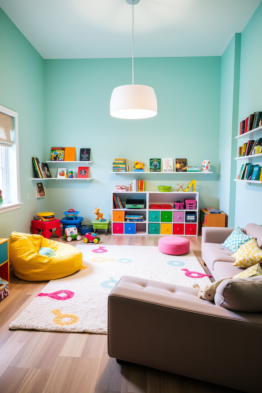 Bright pendant lighting illuminates a vibrant playroom filled with colorful toys and playful furniture. The walls are painted in a soft pastel hue, creating a cheerful atmosphere that invites creativity and fun. A large, plush area rug in bold patterns adds comfort underfoot, while wall-mounted shelves display an array of books and games. Comfortable seating options, including bean bags and a small sofa, encourage relaxation and social interaction among children.