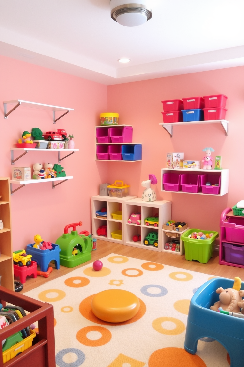 A vibrant playroom filled with creativity and fun. The walls are painted in a cheerful pastel color, and wall shelves are installed at child-friendly heights for easy toy access. The shelves are filled with colorful bins and neatly organized toys, encouraging children to play and explore. A soft area rug in bright patterns covers the floor, providing a cozy space for playtime activities.