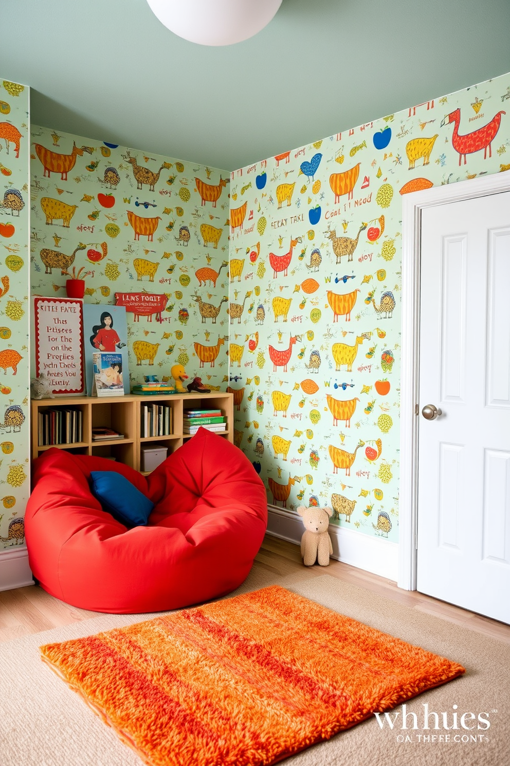 A playful playroom filled with energy and creativity. The walls are adorned with funky wallpaper featuring bright colors and whimsical patterns that inspire imagination. A cozy reading nook is nestled in one corner with oversized bean bags and a small bookshelf. The floor is covered with a soft, colorful rug that adds comfort and warmth to the space.